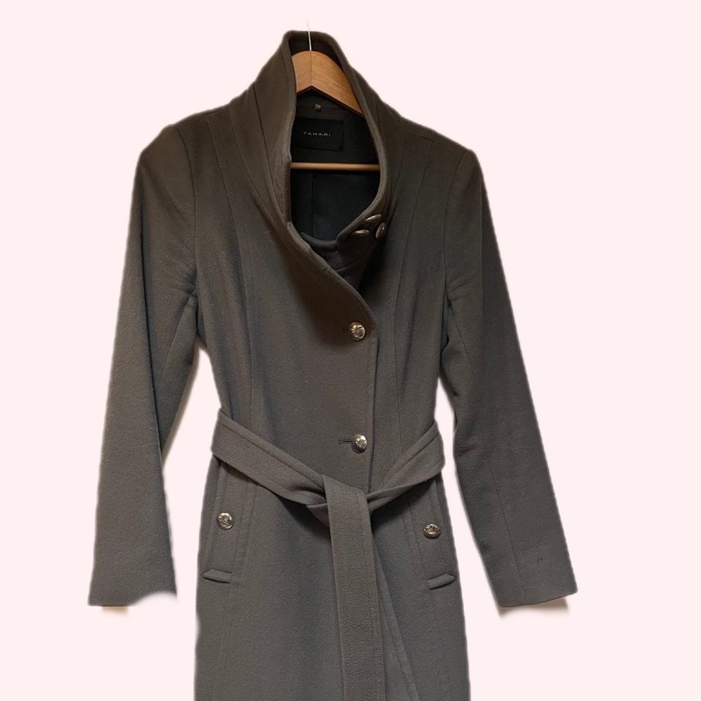 TAHARI black belted wool coat with gold tone buttons